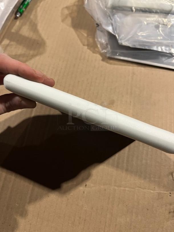 Brand new Jimmy John's style stainless steel dough scraper with white grip handle, shown in packaging.