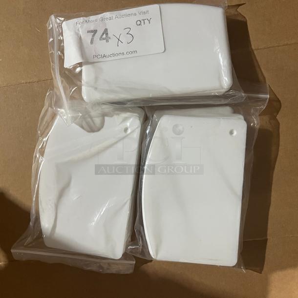 Three packs of commercial white Apoxy dough scrapers in plastic packaging, new condition, label shows "74 x 3 QTY."