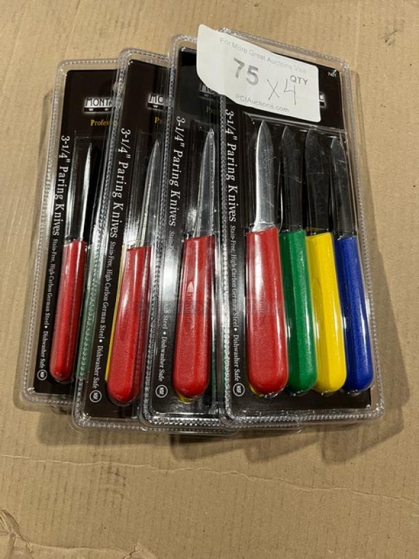 Montana Knife Model 7401 commercial stainless steel 3-1/4" paring knives with red, green, yellow, blue grips, new condition.