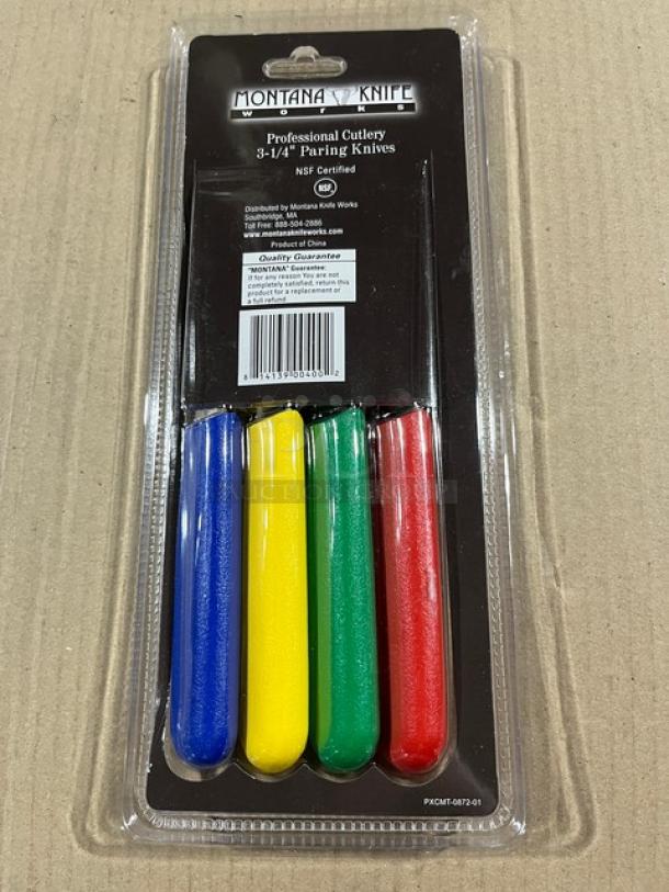 Montana Knife Model 7401 stainless steel paring knives set, 3.25", multi-colored handles, new in packaging, NSF certified.