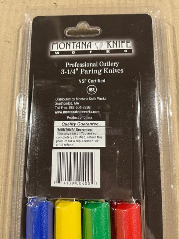 Montana Knife 3-1/4" paring knives with multi-colored grips, model 7401. NSF certified, stainless steel, new condition.