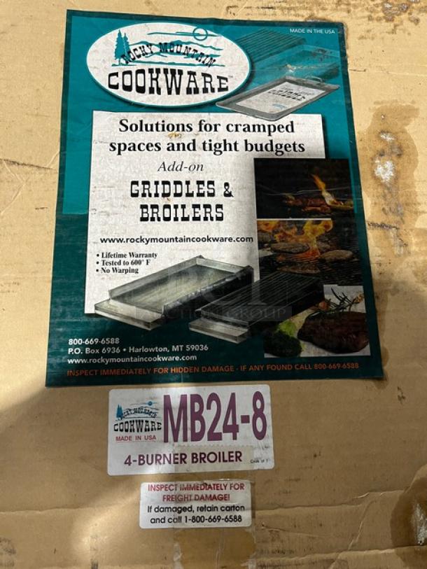 Rocky Mountain Cookware Model MB24-8, brand new 4-burner broiler with lift-off feature and removable grease tray.