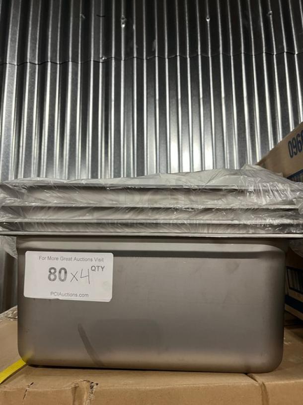 Brand new Choice Commercial stainless steel 2/3-size 6" deep hotel pan, model 4070162, wrapped. Label shows "80 x 4 QTY".
