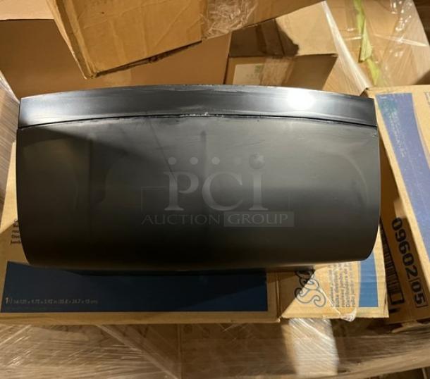 Brand new Scott 09602 smoke black jumbo roll bath tissue dispenser with labels, pristine condition in packaging.