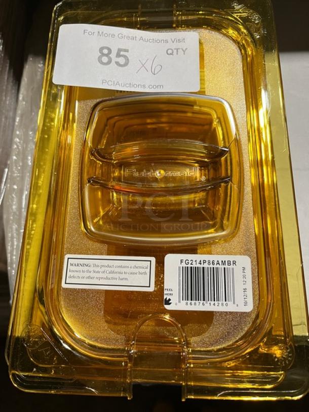 Rubbermaid Commercial Amber High Heat Food Pan Cover, brand new, with utensil notch and handle. Model FG214P86AMBR.