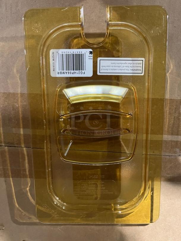 Rubbermaid Commercial Amber High Heat Food Pan Cover with utensil notch and handle, brand new condition.