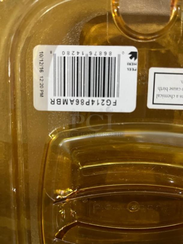 Rubbermaid amber high heat food pan cover with utensil notch and handle, new condition, visible UPC label.