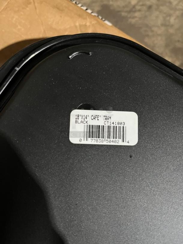 Brand new Carlisle CT141803 black 14"x18" fast food tray. Model label visible. Durable, ideal for commercial use.
