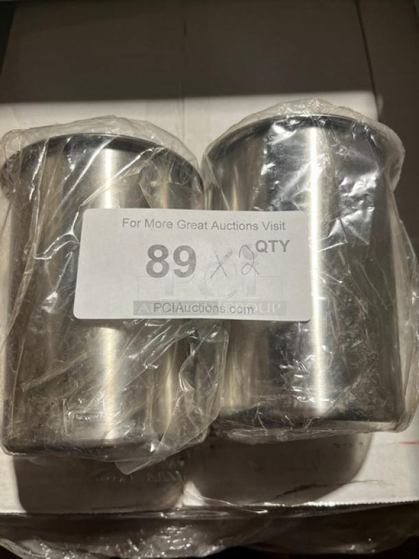 Allied Buying BMP1P stainless steel Bain Marie pot pair, new in packaging, label indicates auction lot 89.