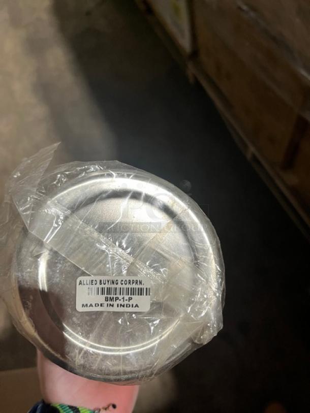 Allied Buying BMP-1-P stainless steel Bain Marie pot in plastic wrap, label states "Made in India."