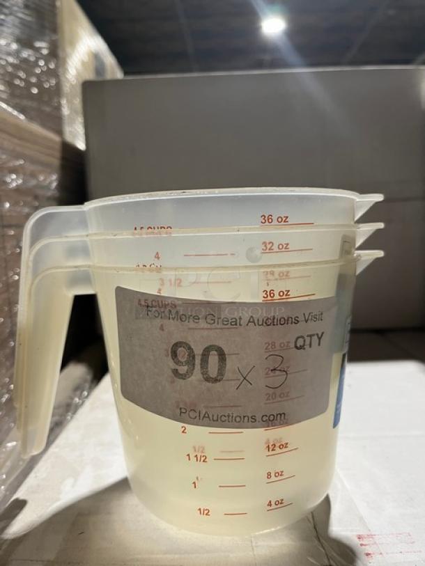 Mainstays 32 oz clear measuring cups, set of three, dishwasher safe, commercial grade. Red measurement markings in ounces and cups.