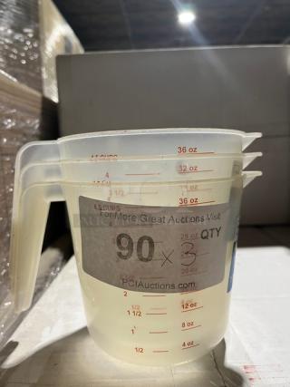 Mainstays 32 oz clear measuring cups, set of three, dishwasher safe, commercial grade. Red measurement markings in ounces and cups.