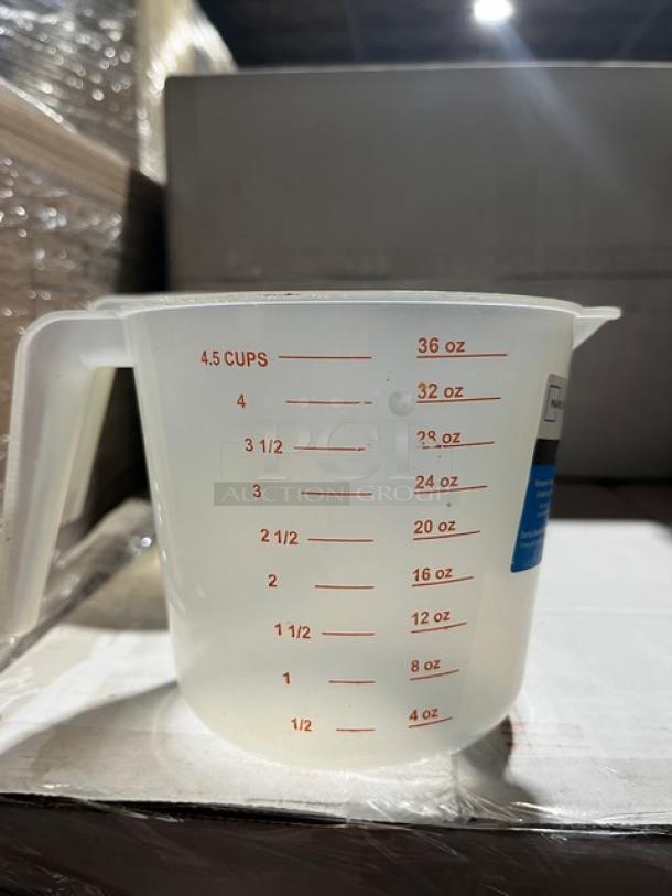 Mainstays Commercial 32 oz clear measuring cup, dishwasher safe, marked up to 36 oz and 4.5 cups. Sturdy handle.