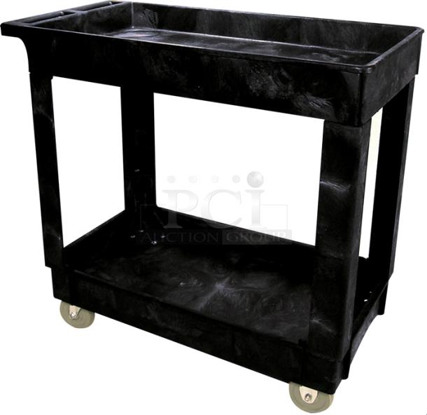 Rubbermaid Commercial 2-Shelf Utility Cart, Model 9T6600, black, on casters, excellent condition.