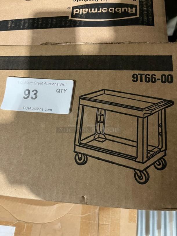 Rubbermaid Commercial 2-Shelf Utility Cart, Model 9T6600, on box. Illustrated on packaging with model number visible.