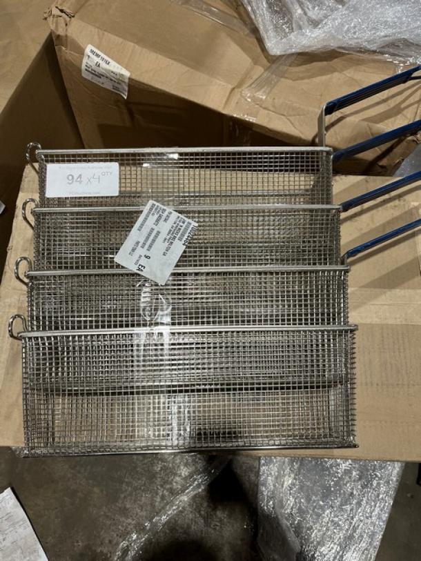 Brand new commercial stainless steel deep fry basket with front hook and non-slip grip handle, boxed, labeled "4X Your Bid" quantity 94.