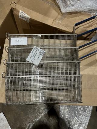 Brand new commercial stainless steel deep fry basket with front hook and non-slip grip handle, boxed, labeled "4X Your Bid" quantity 94.