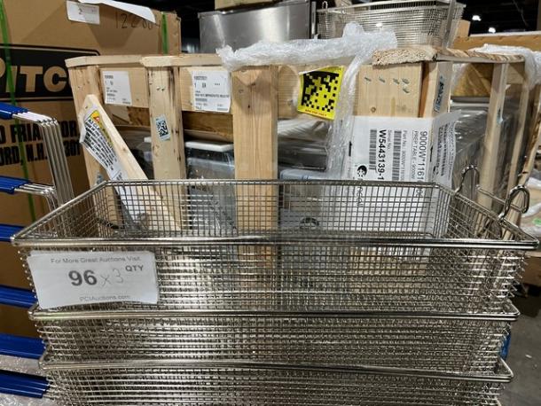Brand new commercial stainless steel deep fry basket with front hook, non-slip grip handle, and labels indicating "3X Your Bid."