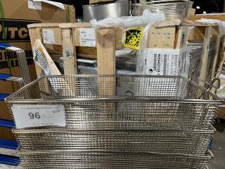 Brand new commercial stainless steel deep fry basket with front hook, non-slip grip handle, and labels indicating "3X Your Bid."
