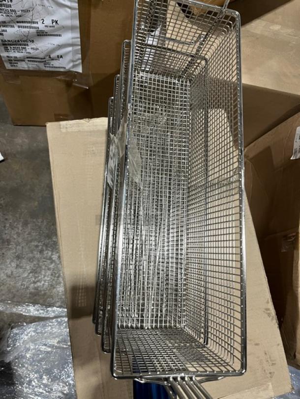 Brand new commercial stainless steel deep fry basket with front hook and non-slip grip handle.
