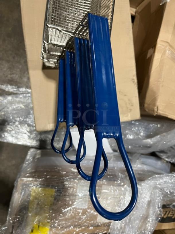 Brand new commercial stainless steel deep fry basket with front hook and non-slip grip handle.