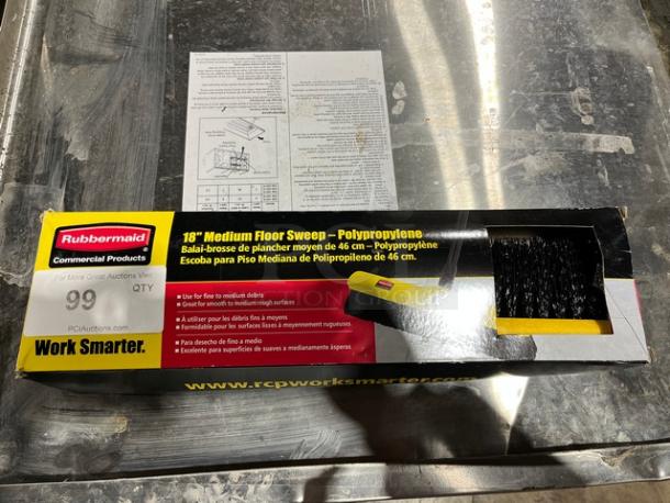Rubbermaid Commercial 18" Medium Broom Head, new in box, with polypropylene bristles and original packaging.