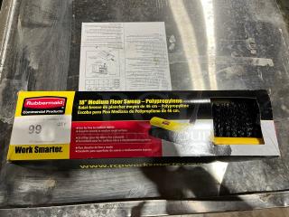 Rubbermaid Commercial 18" Medium Broom Head, new in box, with polypropylene bristles and original packaging.