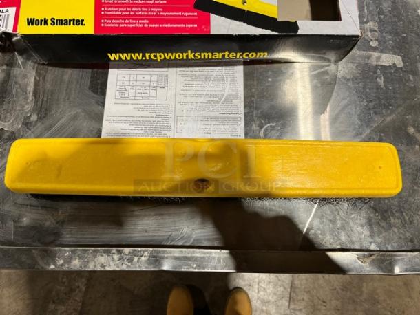 BRAND NEW Rubbermaid Commercial 18" medium broom head with polypropylene bristles, yellow. Box and information sheet visible.