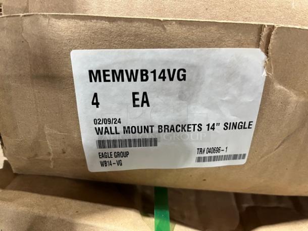 Brand new Eagle Group 14" single wall mount brackets, Model WB14VG. Label indicates 4 units.