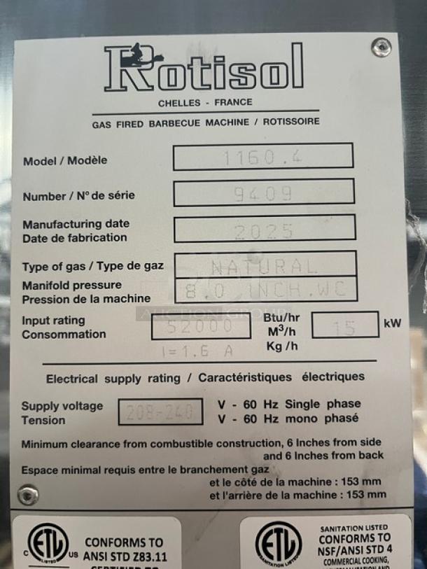 Rotisol stainless steel natural gas rotisserie oven, Model 1160.4, SN 9409. Features tempered glass swing doors, on casters, 208-240V.