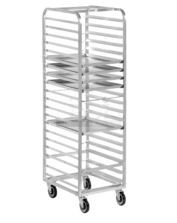Channel Manufacturing 401A aluminum 20-pan end load sheet rack, brand new condition, with casters for mobility.