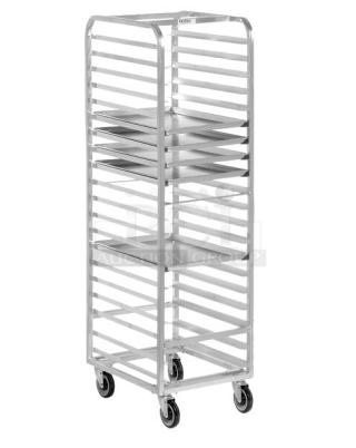 Channel Manufacturing 401A aluminum 20-pan end load sheet rack, brand new condition, with casters for mobility.