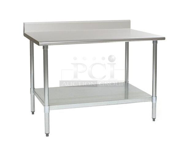 Brand new Eagle Group stainless steel worktop table, model T3060SBBSAW, with undershelf and backsplash.