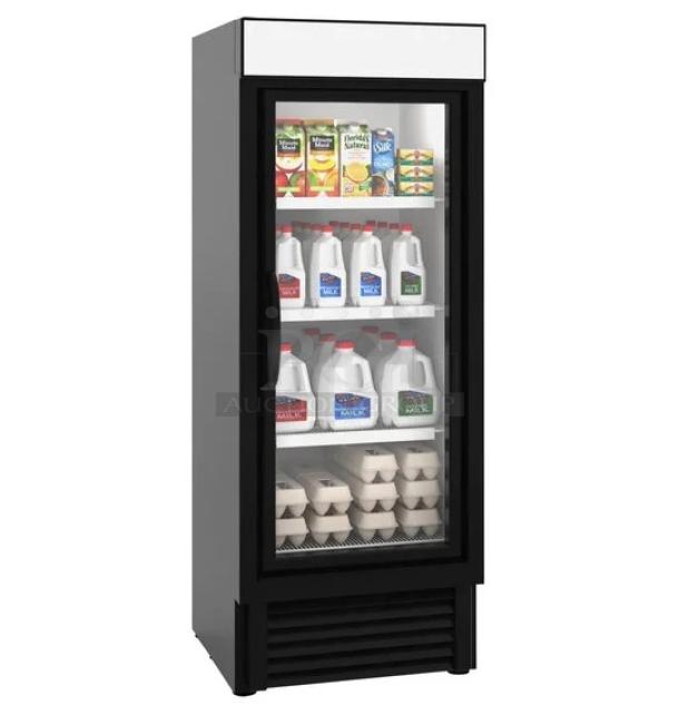 BRAND NEW Hussmann MicroSC Series black glass door merchandiser refrigerator, model VRM1B, with wire racks, 120V, 1 Phase.