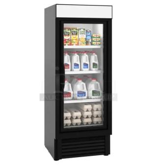 BRAND NEW Hussmann MicroSC Series black glass door merchandiser refrigerator, model VRM1B, with wire racks, 120V, 1 Phase.