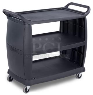 Brand new Carlisle Commercial Black 3-Tier Utility Cart, model CC2243, on casters for easy mobility.