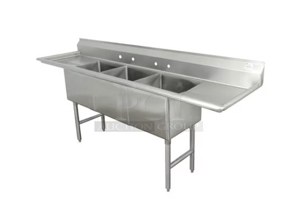 Brand new Advance Tabco stainless steel 3-compartment sink, model FC-3-3024-36RL, with 36" drainboards and 14" deep bowls.