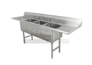 Brand new Advance Tabco stainless steel 3-compartment sink, model FC-3-3024-36RL, with 36" drainboards and 14" deep bowls.
