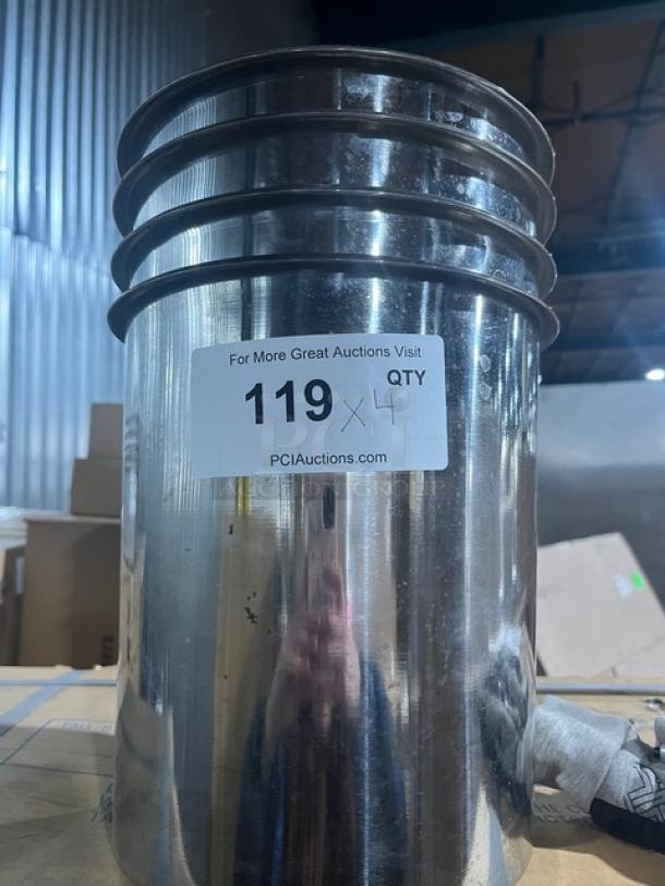 Commercial stainless steel Bain Marie pot with mirror finish. Includes 4 pots. Item 119 marked for auction.