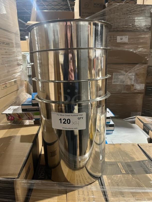 Commercial stainless steel Bain Marie pot with mirror finish, excellent condition, visible label indicates quantity of 120.