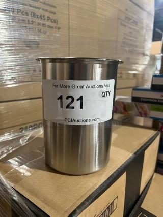 Brand new Allied Buying stainless steel bain marie pot, model BMP1P. Visible label: "121 QTY, PCIAuctions.com."