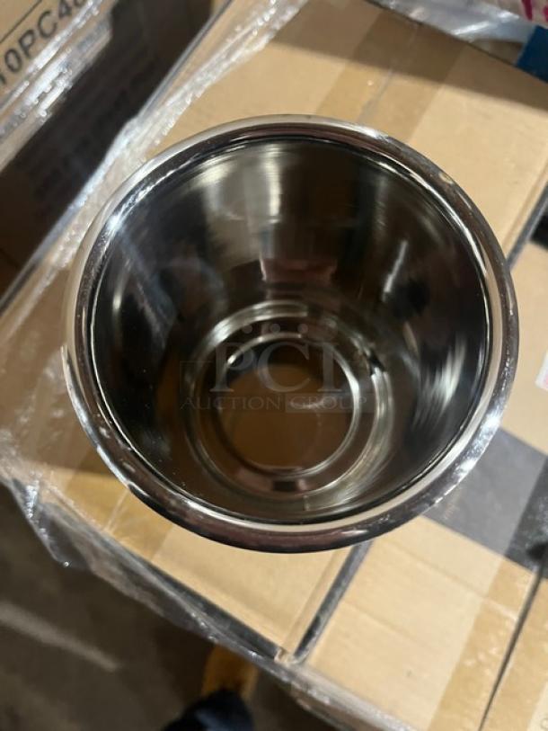 Brand new Allied Buying Bain Marie pot, model BMP1P, stainless steel, commercial grade, reflective finish, pristine condition.