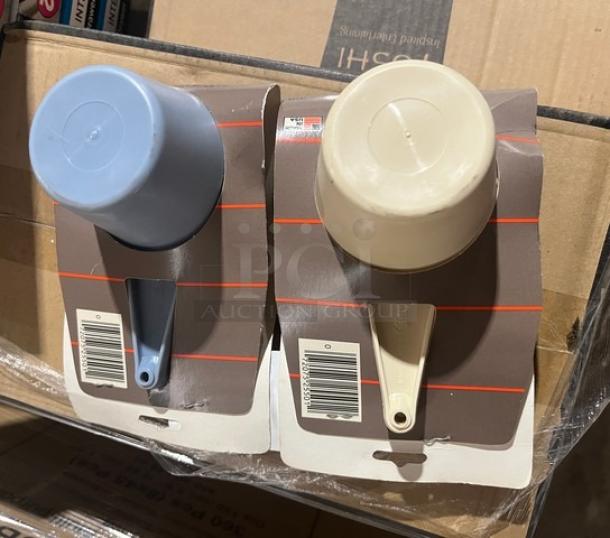 Brand new Foley commercial 5-cup measuring set, includes blue and beige cups, sealed packaging with barcode labels.