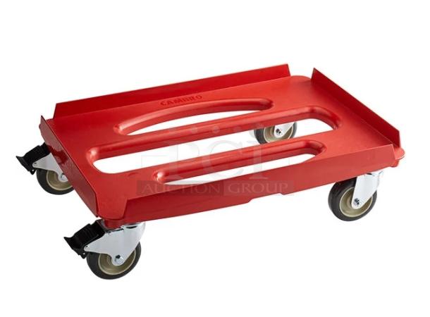 Brand new Cambro red compact dolly, model CDC300358, with casters. Durable, efficient for transport.