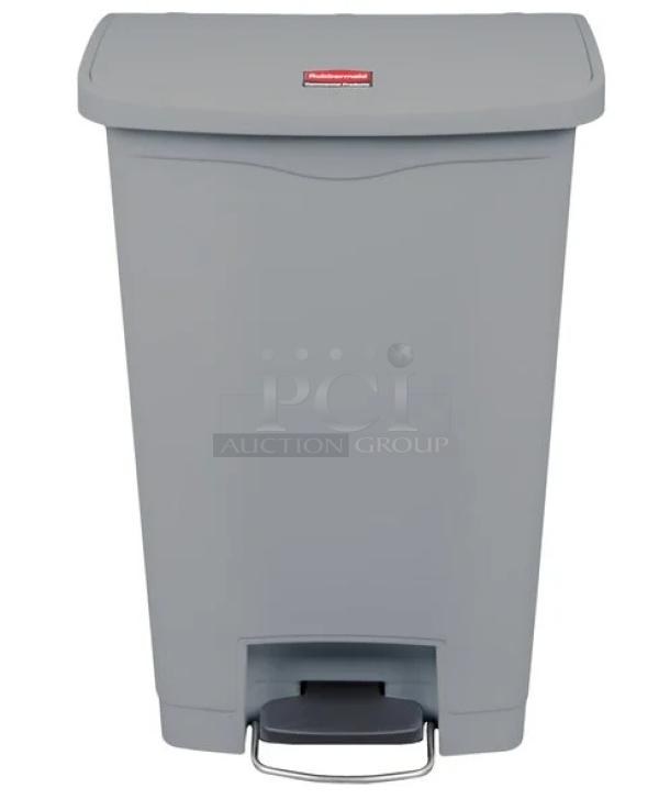 Rubbermaid Slim Jim 13 Gal. gray trash can, rectangular, resin, front step-on pedal, brand new.