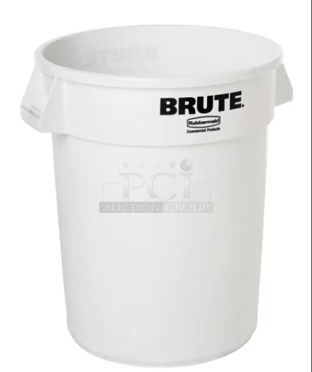 Rubbermaid BRUTE white 32-gal trash can, model FG263200WHT; new condition with commercial branding.