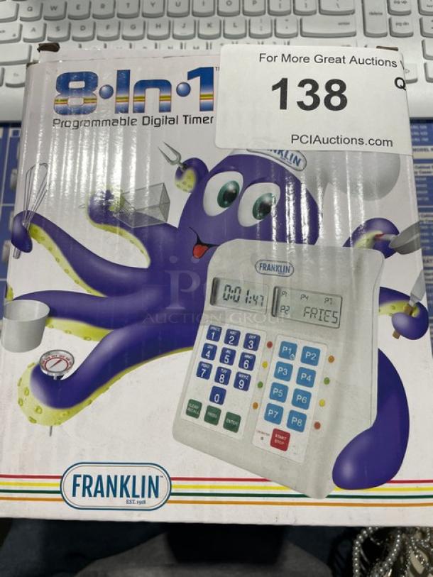 Franklin Commercial 8-In-1 Programmable Digital Timer, new in box, featuring multi-timer function and digital display.