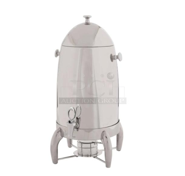 Brand new Winco Virtuoso 905B stainless steel 5-gal coffee urn with mirror finish and fuel holder base.