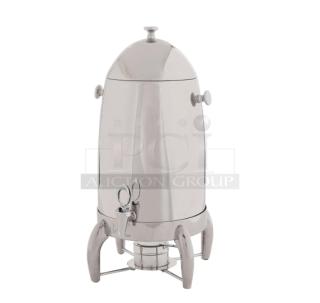 Brand new Winco Virtuoso 905B stainless steel 5-gal coffee urn with mirror finish and fuel holder base.