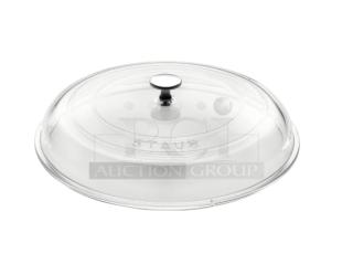 Brand new Staub Model W4208 clear domed glass lid, commercial style, with embossed logo and sleek metallic knob.